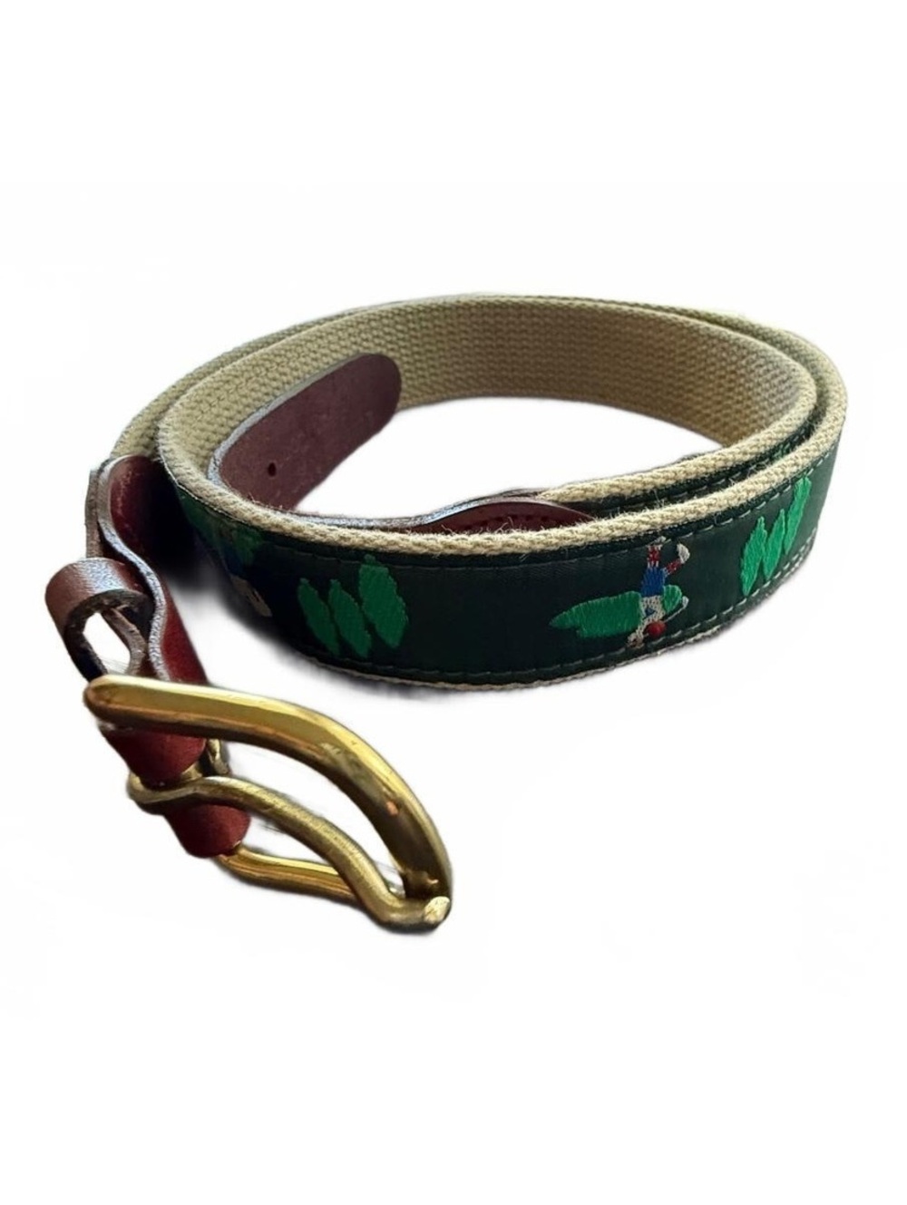 Leather Man Ltd. Golf-Themed Embroidered Canvas and Leather Belt with Brass